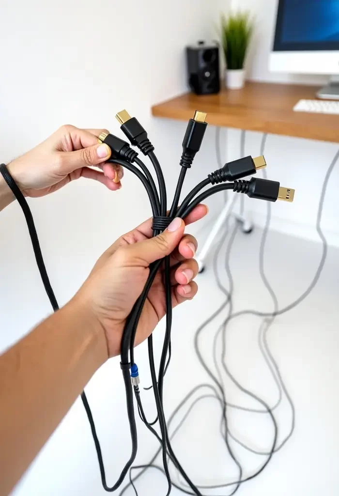 Cable and wires organizer neatly managing cables on a computer table at a gaming station.