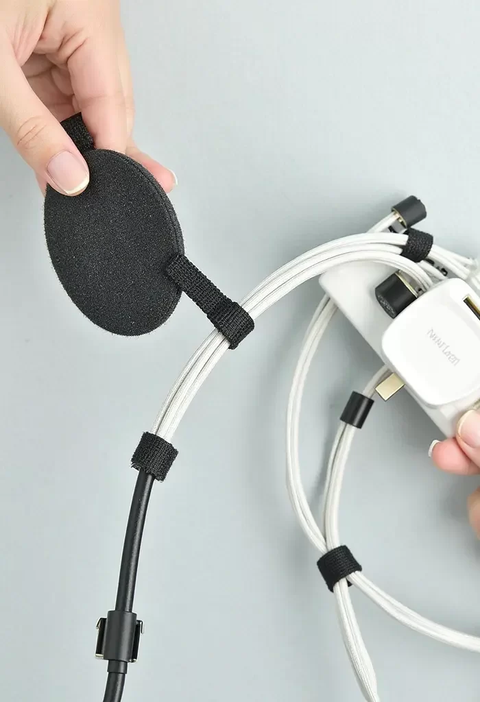 Handyman using cable ties to neatly sort and hide wires for efficient cable management.