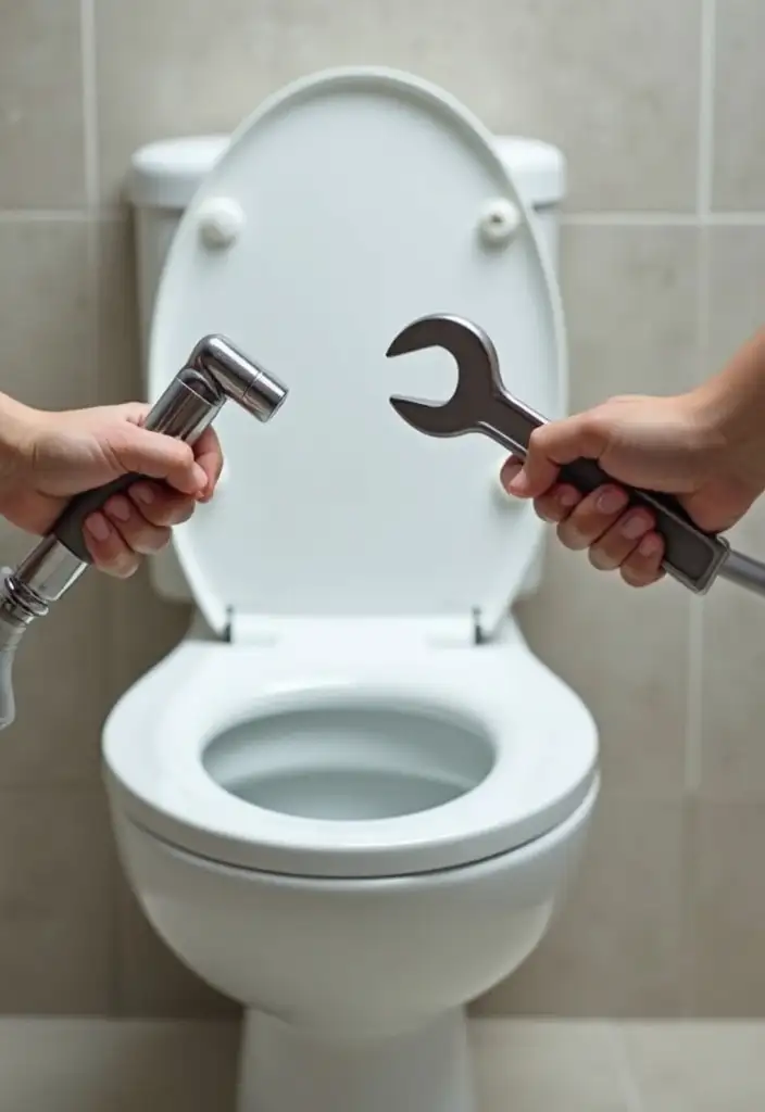 Emergency plumber repairing a bathroom toilet bidet sprayer with a wrench in Dubai.