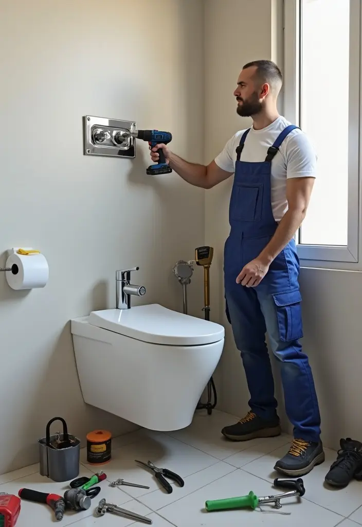 Expert plumber in Dubai repairing a toilet commode, shattaf, and bidet sprayer.