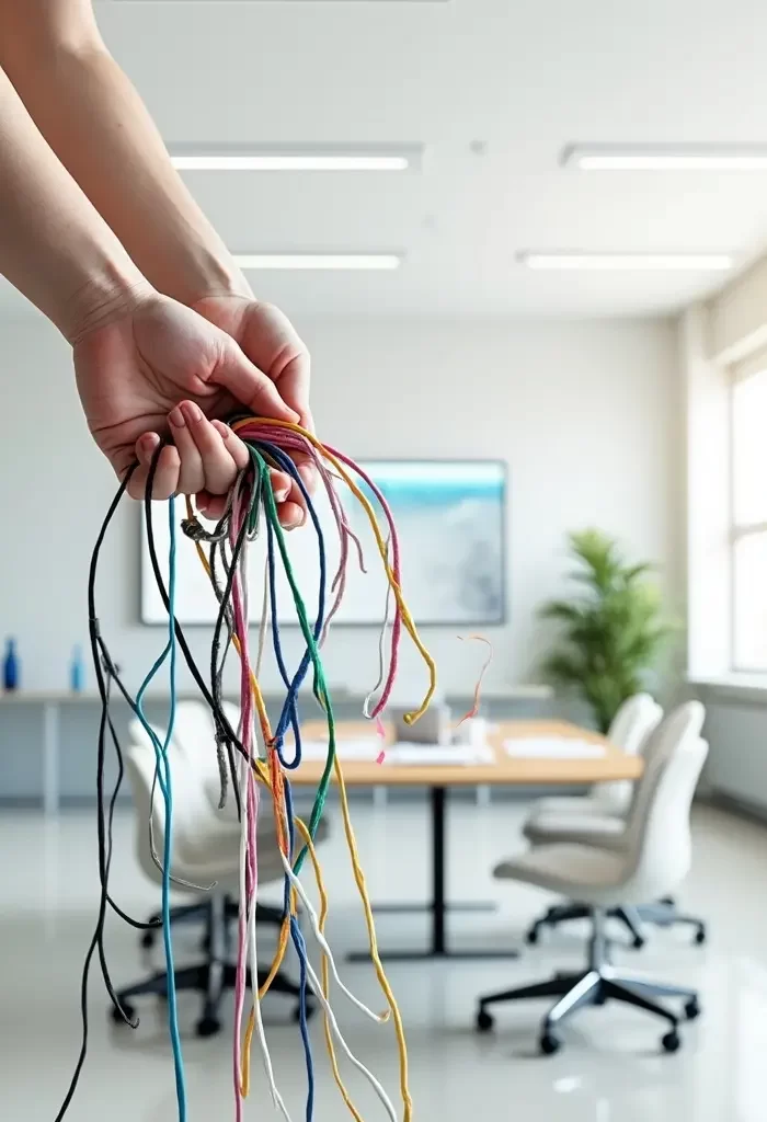 Handyman electrician organizing cables behind an office meeting room table with chairs.