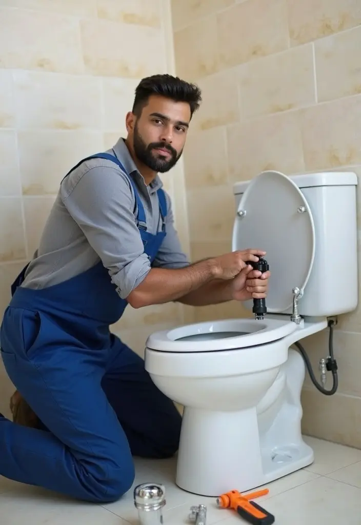 Professional plumber in Dubai replacing a commode, Muslim shower, and bidet sprayer in a bathroom.