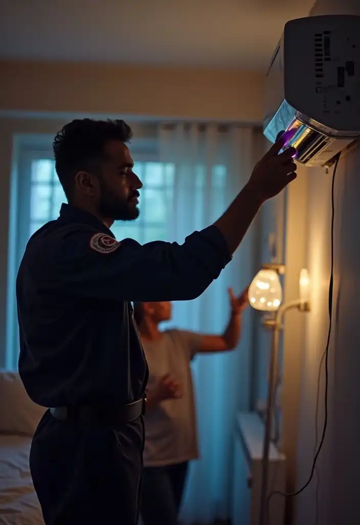 24-hour AC repair technician in Dubai fixing an air conditioner late at night.