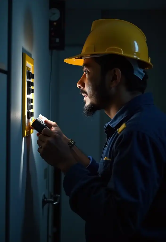 24-hour emergency electrician in Dubai fixing a power failure at night.