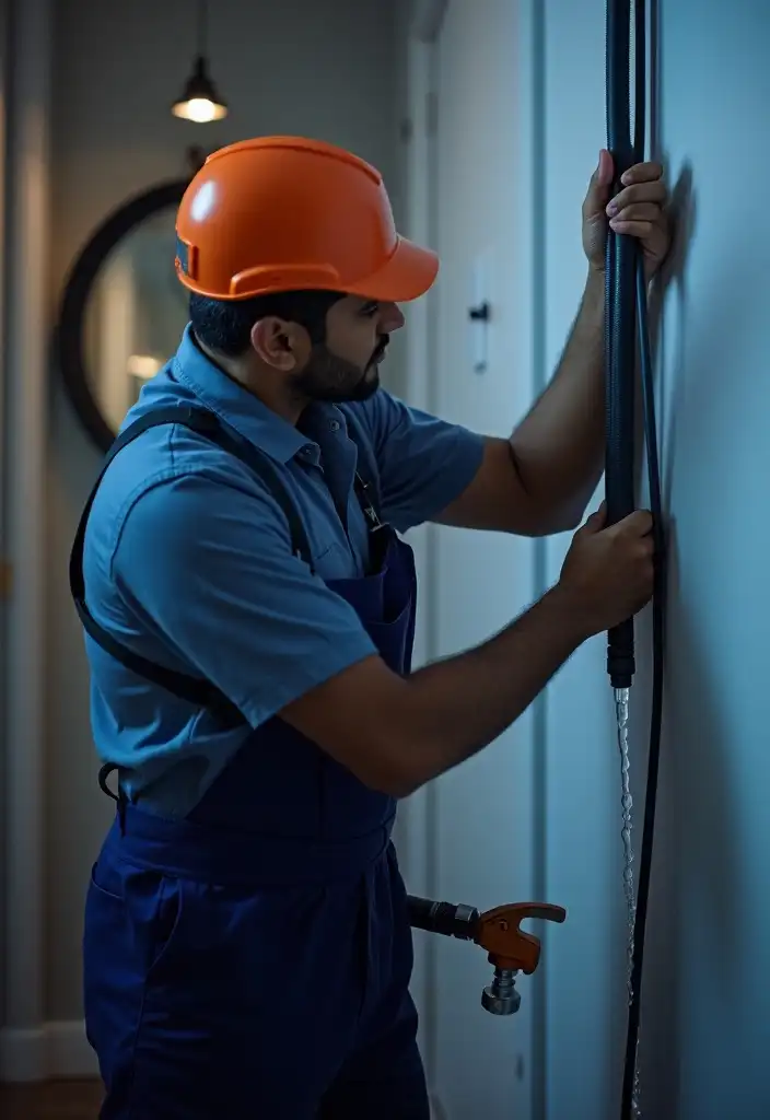 24-hour emergency plumber in Dubai fixing a burst pipe at night.