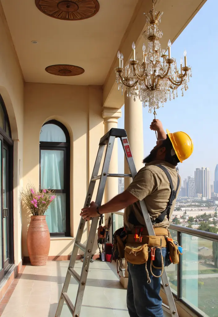 Expert electrician hanging an outdoor chandelier on a villa balcony in Dubai