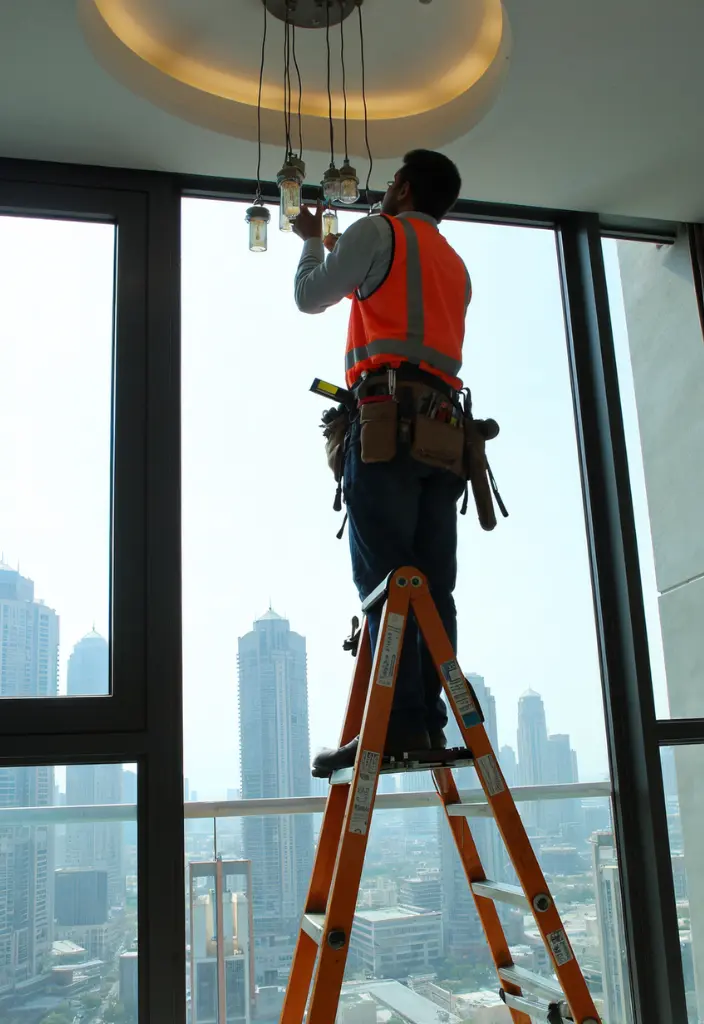 Expert electrician fixing a chandelier on a high roof in a penthouse apartment in Dubai