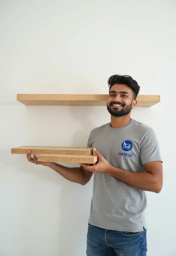 Skilled carpenter in Dubai crafting and installing wooden floating shelves on a wall