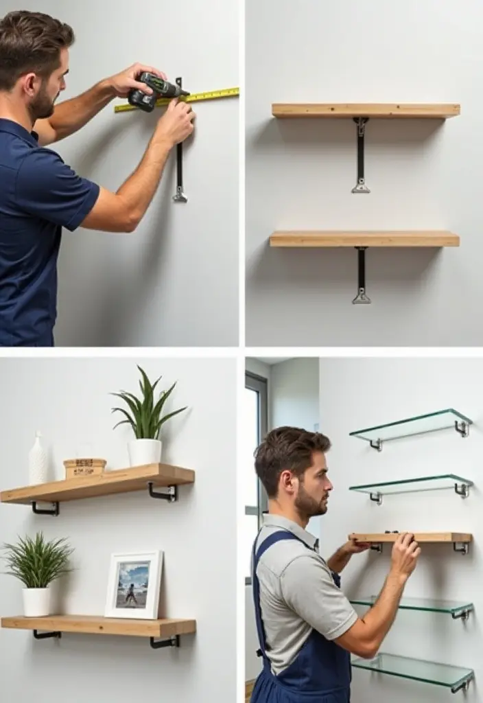 Skilled handyman in Dubai installing modern floating shelves for home and office spaces