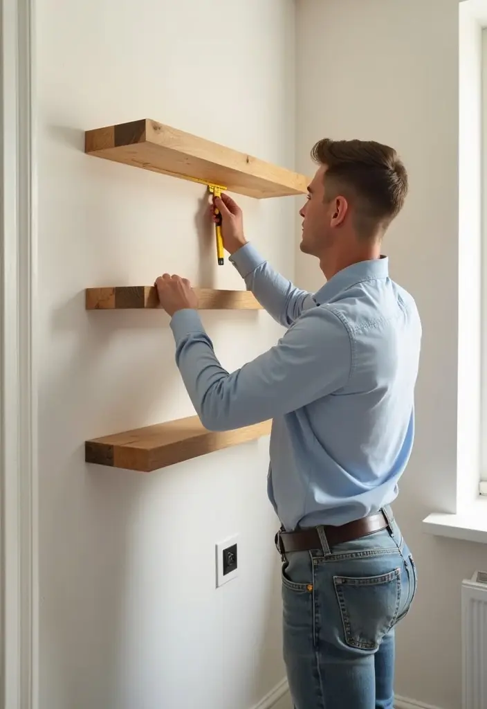 Skilled handyman carpenter in Dubai installing a wooden floating shelf on a wall