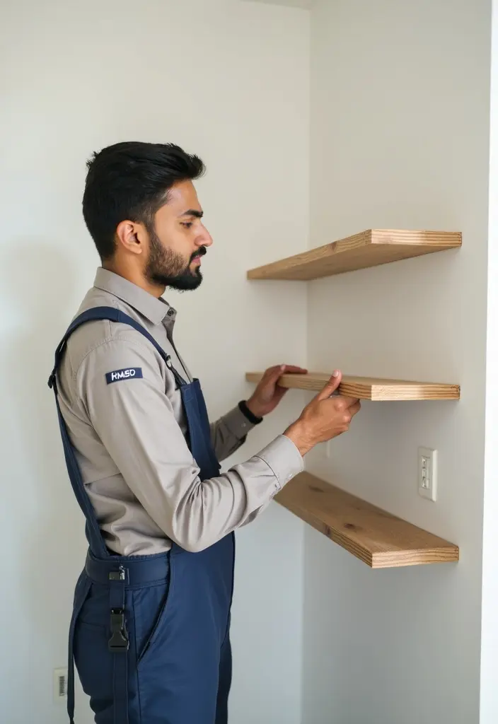 Skilled handyman in Dubai installing IKEA floating shelves for modern home decor