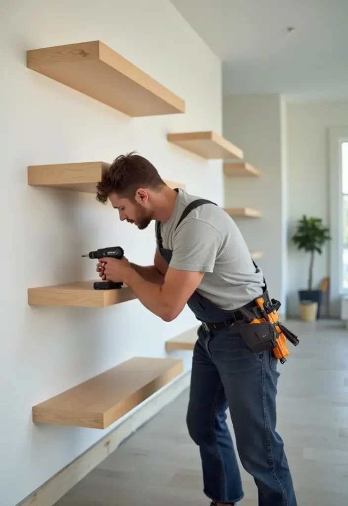 Skilled handyman in Dubai installing modern floating shelves for home storage