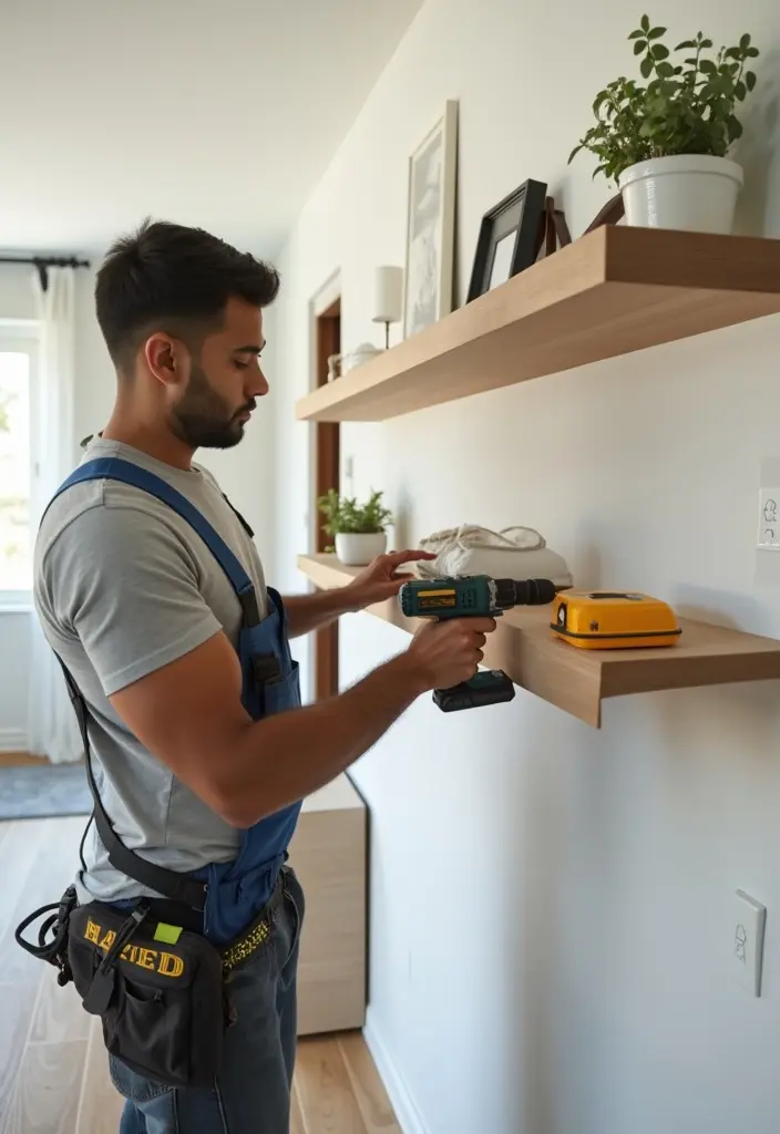 Skilled handyman installing modern floating shelves for home storage