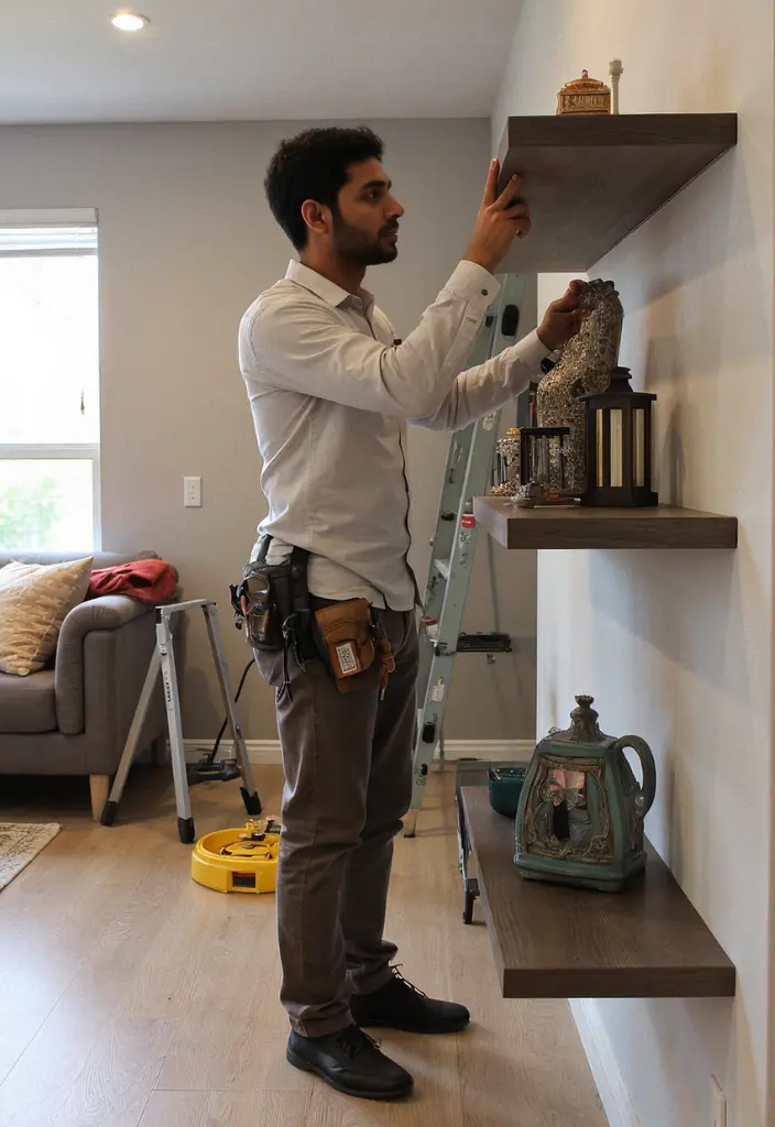 Skilled handyman installing home storage shelves in a living room in Dubai