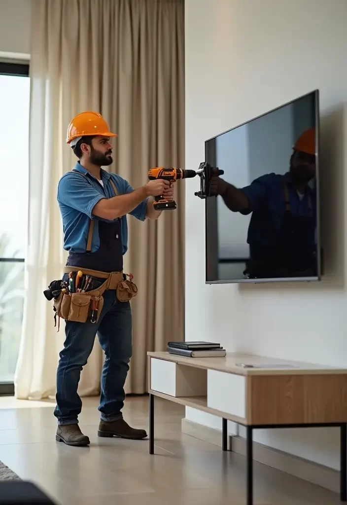 Skilled handyman TV installer drilling and fixing a TV bracket on a wall in Dubai