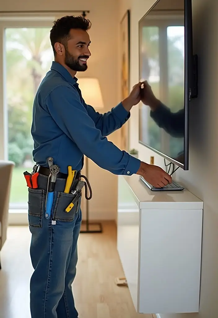 Skilled TV installer fixing a TV bracket on a wall near you