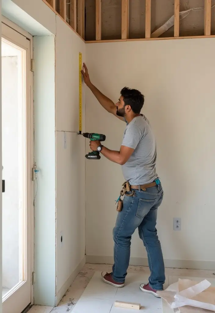 Skilled handyman carpenter in Dubai installing a wooden partition wall