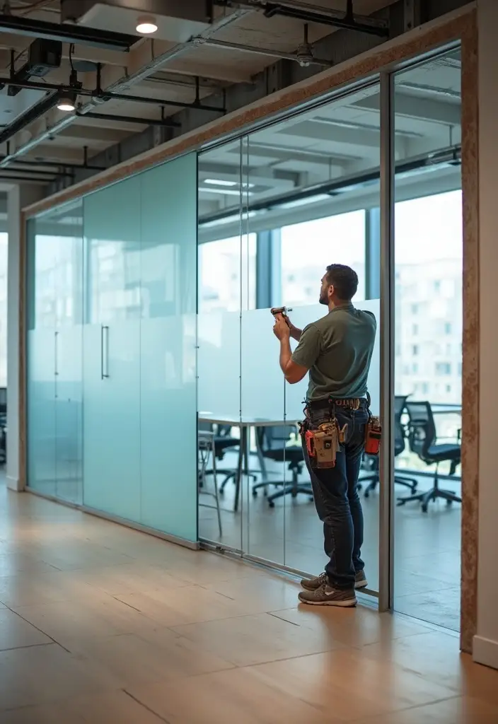 Skilled handyman in Dubai installing a glass partition wall