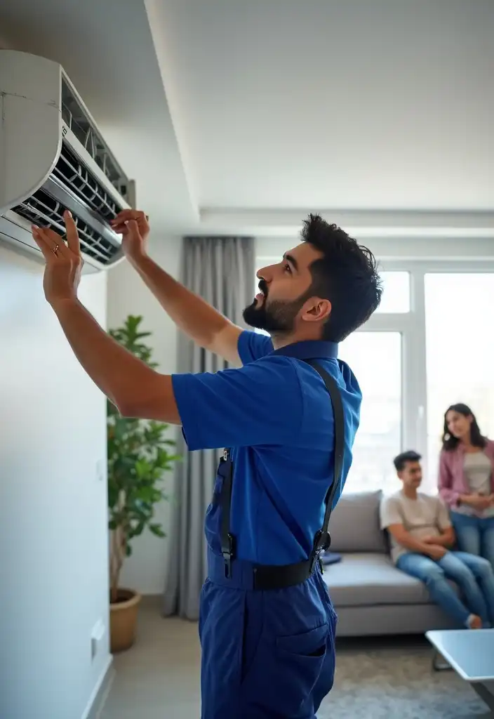 Same-day AC repair technician in Dubai fixing an air conditioner for fast cooling solutions.