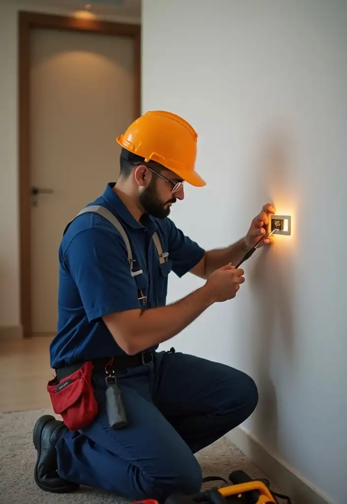 Same-day electrician in Dubai fixing a light switch, ensuring quick and safe electrical repairs.