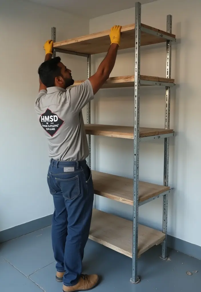 Skilled handyman carpenter in Dubai installing custom shelves in a storage room