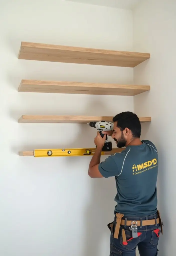 Skilled handyman mounting shelves on a wall with precision