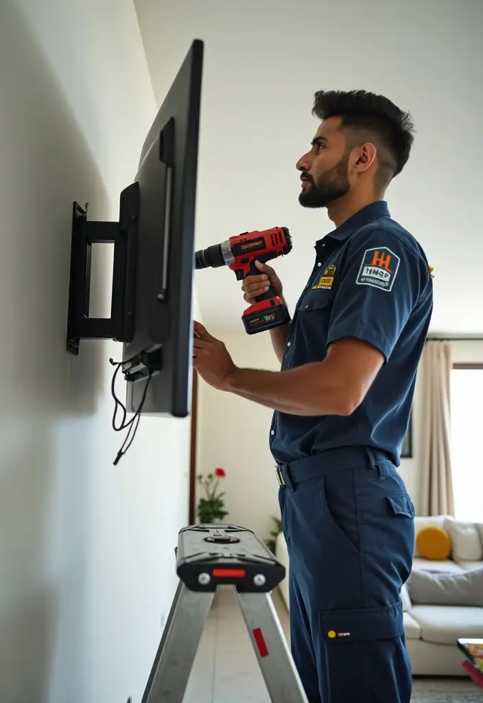 Skilled handyman in Dubai installing a folding movable TV bracket on a wall