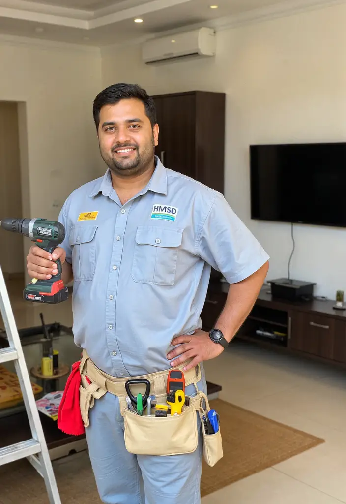 Skilled handyman in Dubai installing a TV on a wall for professional setup