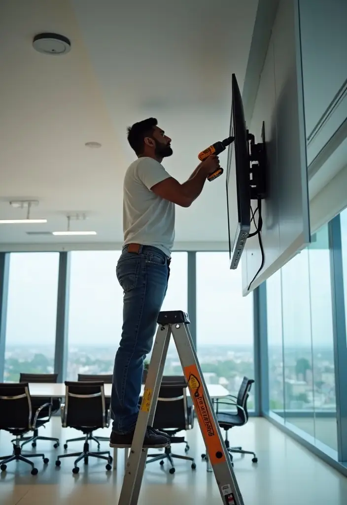 Expert handyman in Dubai installing a TV on an office wall and ceiling