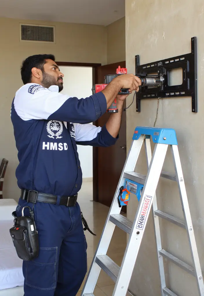 Skilled handyman in Dubai installing TV brackets for secure mounting