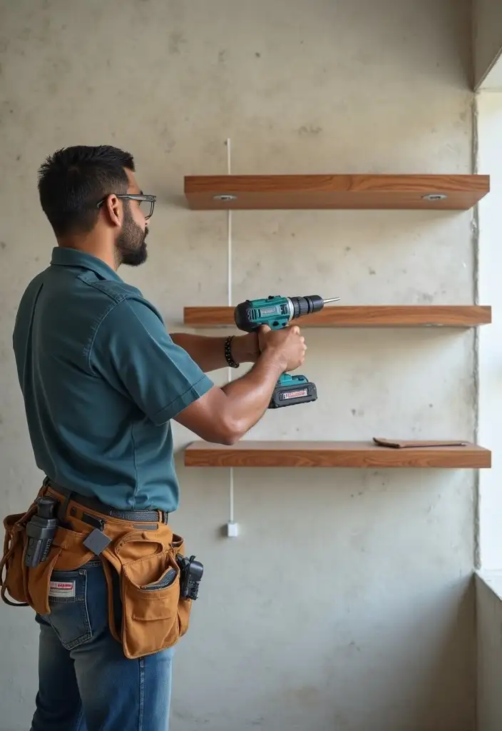 Skilled handyman in Dubai installing wall shelves with precision and care