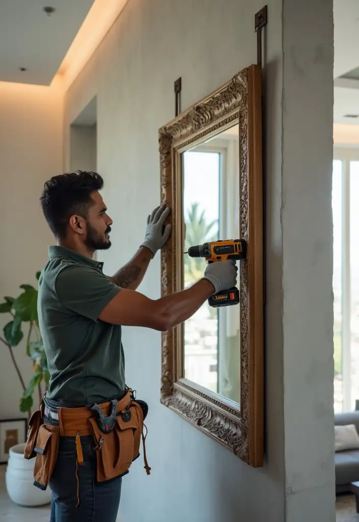 Skilled handyman in Dubai hanging a picture frame and mirror on a wall